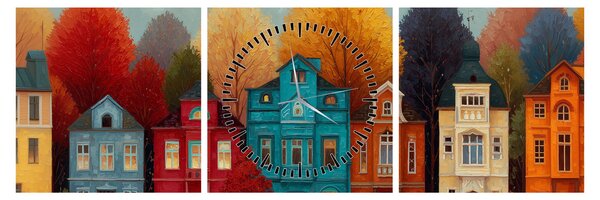 Tablou - Oraș de toamnă pictat (cu ceas) (90x30 cm)