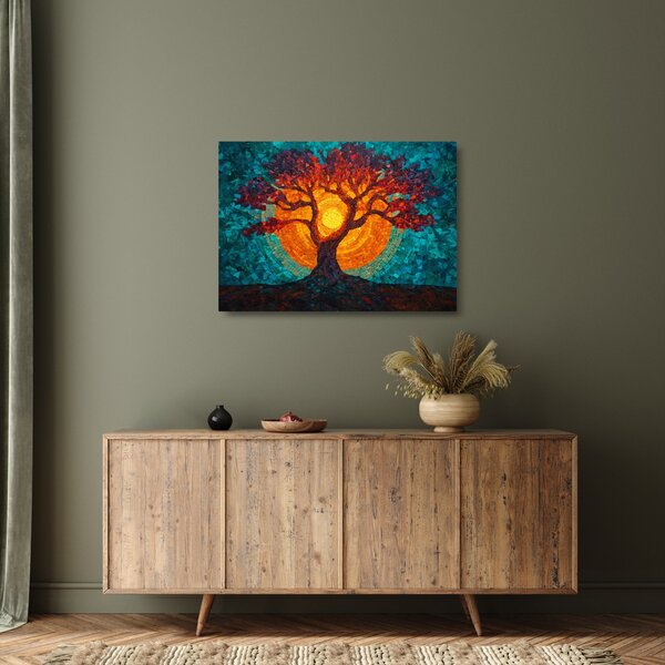 Tablou pe sticlă - Arborele vieții și soarele în mozaic (70x50 cm)