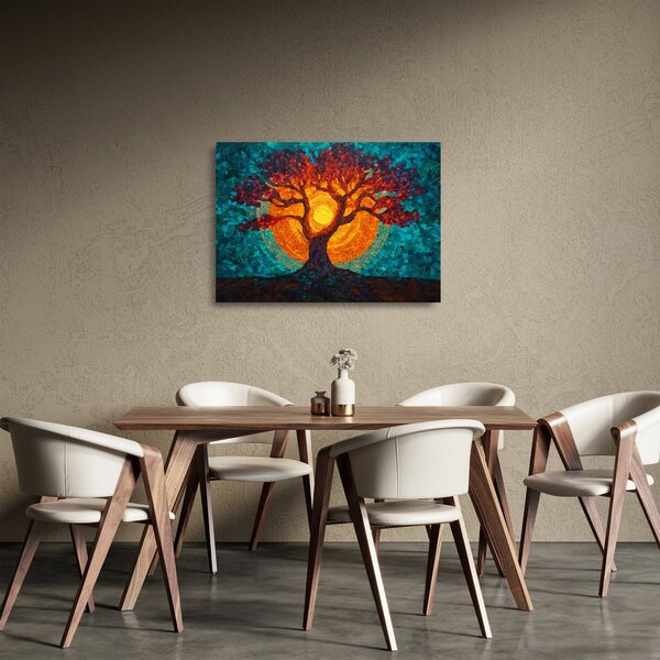Tablou pe sticlă - Arborele vieții și soarele în mozaic (70x50 cm)