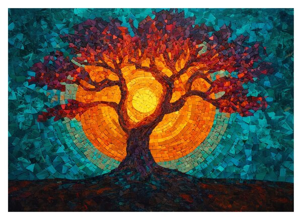 Tablou pe sticlă - Arborele vieții și soarele în mozaic (70x50 cm)