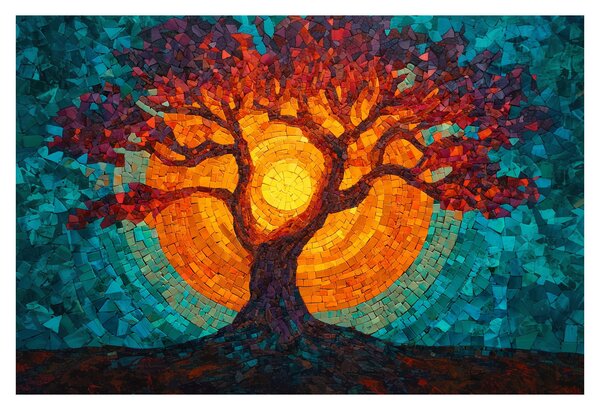 Tablou - Arborele vieții și soarele în mozaic (90x60 cm)