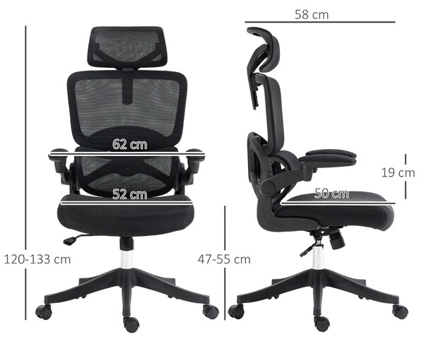 Vinsetto Scaun Ergonomic de Birou cu Spătar Reglabil Tetieră Cotiere Suport Lombar Funcție de Rotire Negru | Aosom Romania