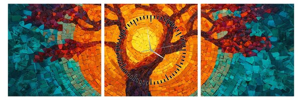 Tablou - Arborele vieții și soarele în mozaic (cu ceas) (90x30 cm)
