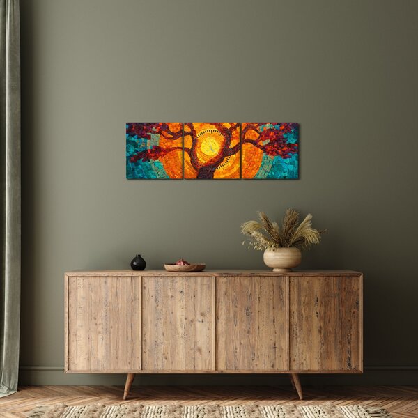 Tablou - Arborele vieții și soarele în mozaic (cu ceas) (90x30 cm)