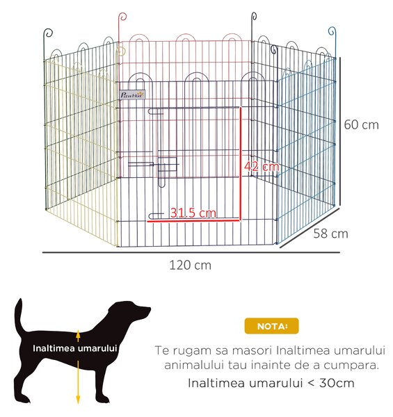 Gard pentru Caini cu 6 Panouri cu Inchidere cu Zavor, Gard pentru Caini Talie Medie din Metal, Ø120x60 cm, Multicolor PawHut | Aosom Romania