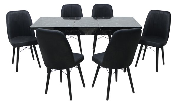 Set masă extensibilă Aris Negru Marmorat cu 6 scaune Atena Negru