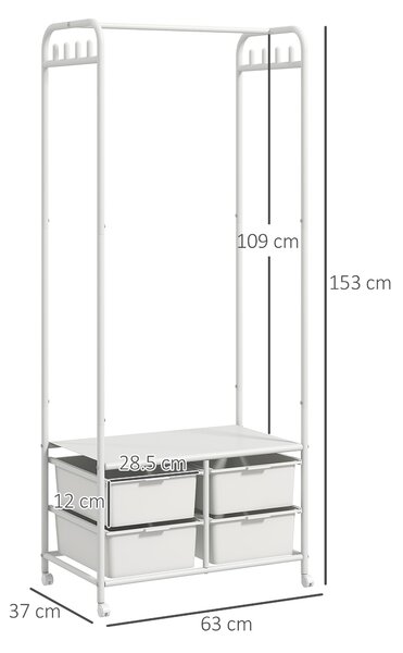 HOMCOM Suport Cuier cu Rafturi pentru Pantofi și 4 Coșuri, Cuier Intrare din Oțel și Plastic, 8 Agățători, 63x37x153 cm, Alb | Aosom Romania