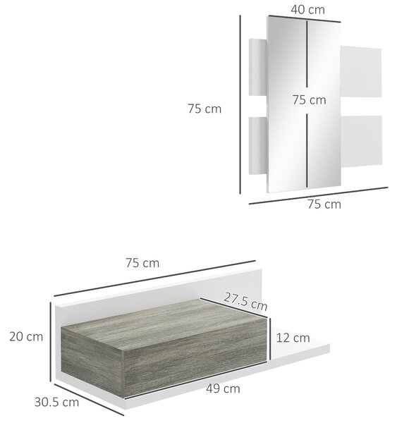 Mobilier de Intrare 2 in 1 cu Oglinda de Perete 75x3.5x75cm si Sertar 75x30.5x20cm, pentru hol, din MDF si Sticla, Gri-Alb HOMCOM | Aosom Romania