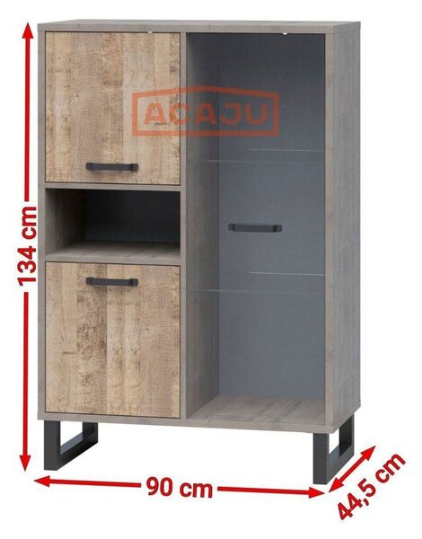Vitrina BARI, gri/stejar, PAL laminat/sticla/metal, 90x45x134 cm