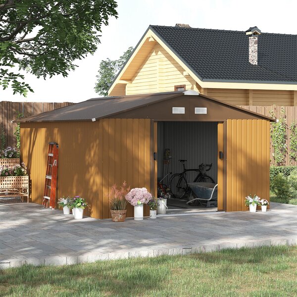 Outsunny Magazie de Unelte, Căsuță din Oțel Galvanizat, Șopron de Grădină pentru Organizare și Depozitare, 3.4x3.86x2 m, Galben | Aosom Romania