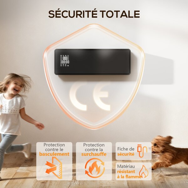 HOMCOM Încălzitor mural ceramic 1000/2000W, radiator electric, ventilator, termostat, temporizator, 54x18,7x12,3cm, negru | Aosom Romania