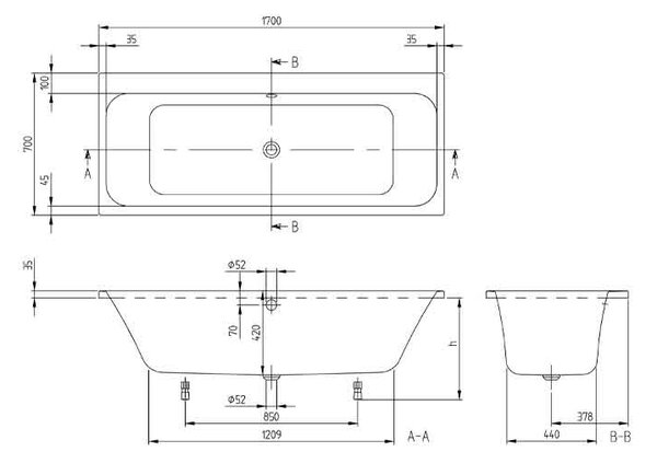 Cada dreptunghiulara, Villeroy & Boch, ARCHITECTURA, 170 x 75 cm, alb alpin