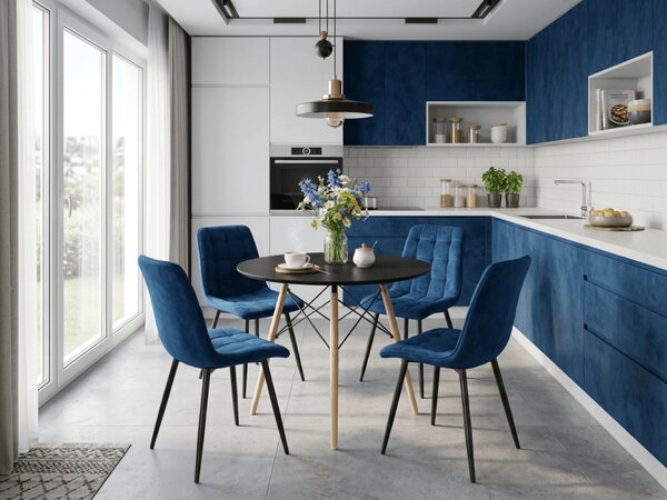 Scaun de masa SPLIT VELVET cu picioare negre, albastru