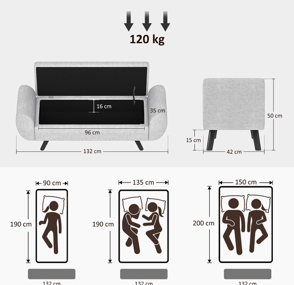 HOMCOM Bancă cu Spațiu de Depozitare cu Cotiere din Țesătură și Lemn 132x42x50 cm Gri | Aosom Romania