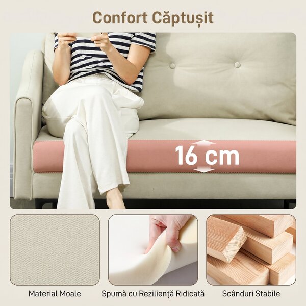 HOMCOM Canapea cu 2 Locuri din Catifea cu Spătar Matlasat și Pernă Detașabilă, Canapea Compactă Modernă cu Picioare din Metal pentru Sufragerie, 124x73x92 cm, Crem | Aosom Romania