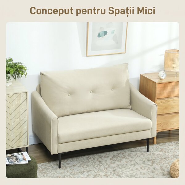 HOMCOM Canapea cu 2 Locuri din Catifea cu Spătar Matlasat și Pernă Detașabilă, Canapea Compactă Modernă cu Picioare din Metal pentru Sufragerie, 124x73x92 cm, Crem | Aosom Romania