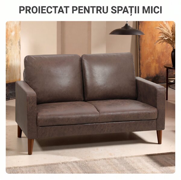 HOMCOM Divan cu 2 Locuri în Material Textil Efect Piele și Picioare din Lemn Maro | Aosom Romania
