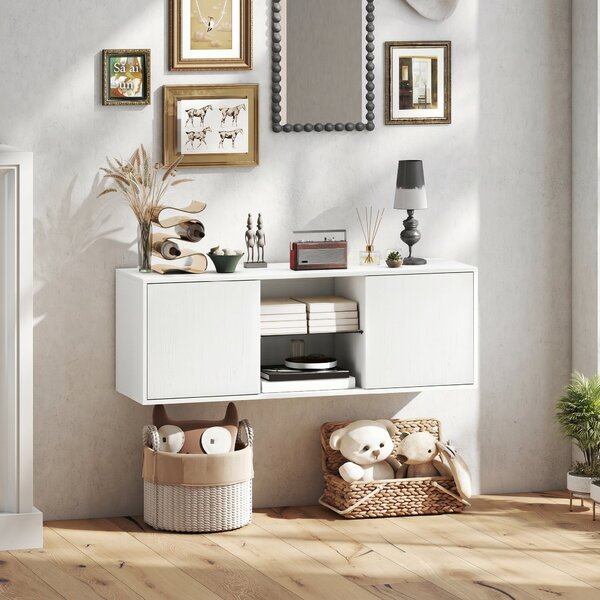 HOMCOM Mobilier Porta TV până la 55", Mobilier TV Suspendat sau pe Podea de 120 cm cu Uși Soft Close, Orificiu pentru Cabluri și Raft din Sticlă, pentru Sufragerie și Salon, Alb Efect Lemn | Aosom Romania