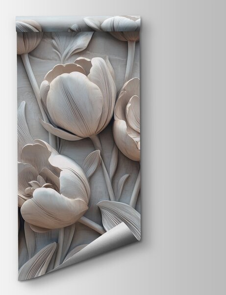 Fototapet Floare albă sculptată pe un perete, Fototapet flori 3D, Fototapet populare, w01851v1 - Tapeko.ro
