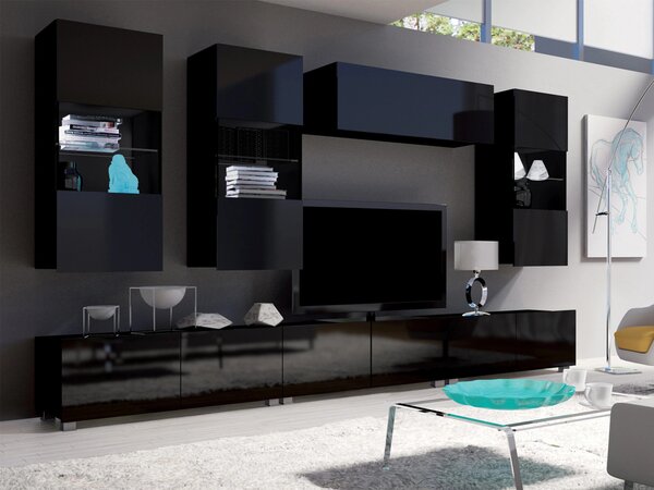 Set de living Remus XI, Negru lucios, Negru, Sticlă călită, PAL laminat, 130 kg