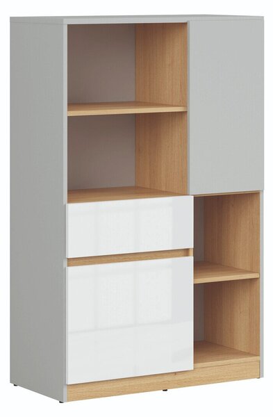 Raft Nuevaru 101, Alb lucios, Gri deschis, Stejar, PAL laminat, 126x80x39cm, 38 kg