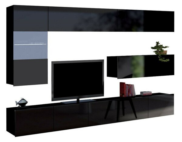 Set de living Remus IV, Negru lucios, Negru, Sticlă călită, PAL laminat, 106 kg