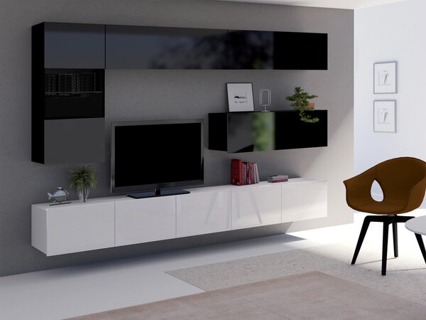 Set de living Remus IV, Alb lucios, Negru, Negru lucios, Alb, Sticlă călită, PAL laminat, 106 kg