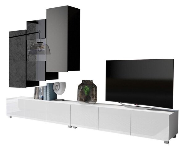 Set de living Remus XVII, Alb lucios, Negru, Negru lucios, Alb, Sticlă călită, PAL laminat, 110 kg