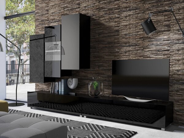 Set de living Remus XVII, Negru lucios, Negru, Sticlă călită, PAL laminat, 110 kg