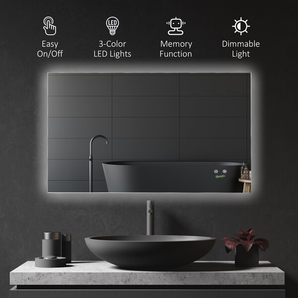 Oglindă Baie LED Kleankin, Dreptunghiulară, Iluminare din Spate, Întrerupător Electric, 60x90 cm | Aosom Romania