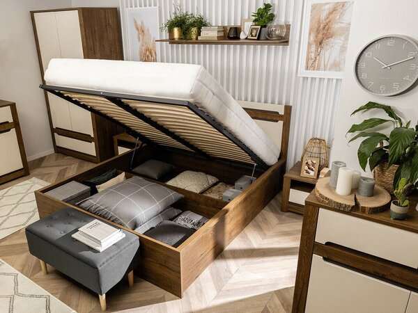 Set dormitor Ophevaru 118, April stejar, Crem lucios, MDF, PAL laminat