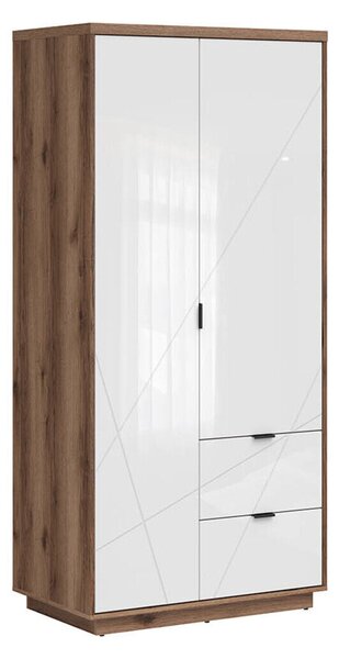 Dulap Fivale 105, Stejar Delano închis, Alb lucios, 201x94x57cm, 95 kg, Uși dulap: Cu balamale, Numărul de rafturi: 3, Numărul de rafturi: 3