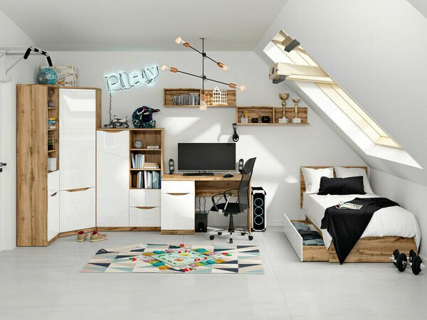 Set de mobilier Avifera 119, Alb lucios, Stejar Wotan, PAL laminat, MDF