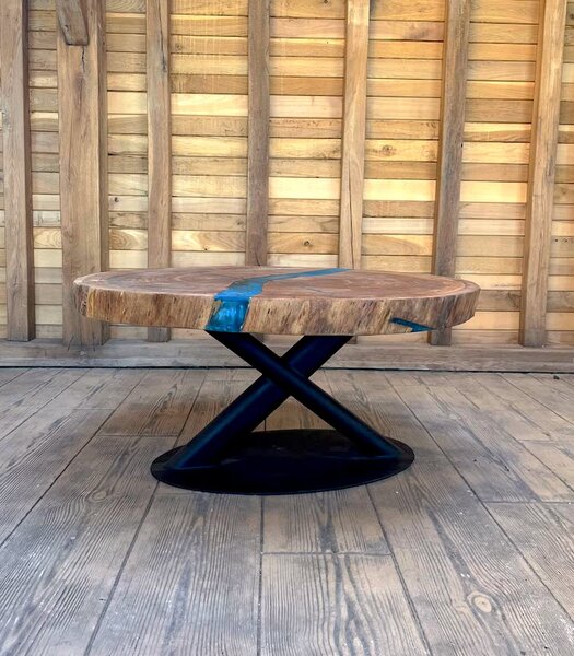 Măsuță de cafea din stejar masiv „Azure Oak Flow” – 97x86 cm