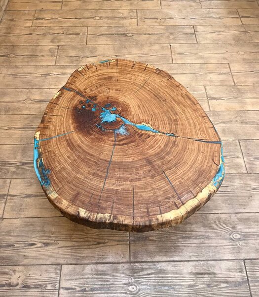 Măsuță de cafea „Oak Azure Vortex” din stejar masiv - 92x92 cm