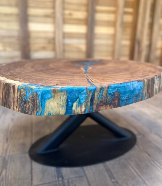 Măsuță de cafea „Oak Azure Vortex” din stejar masiv - 92x92 cm