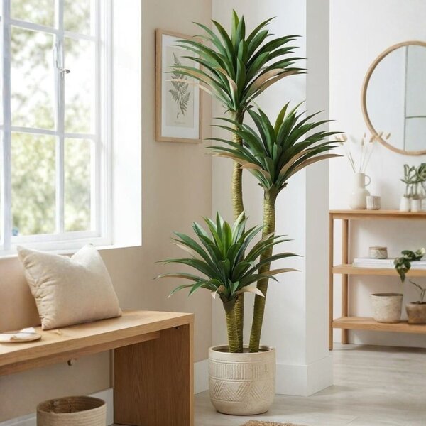 Plantă artificială Yucca 160 cm, cu frunze verzi, lungi și ascuțite, cu detalii realiste, pentru interior, ghiveci negru inclus