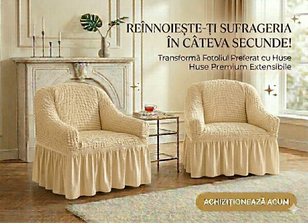 Set 2 huse pentru fotolii, elastice si creponate, Crem