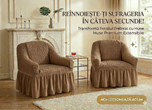Huse Elastice pentru Fotolii – Set 2 Huse Creponate Cafea cu Lapte