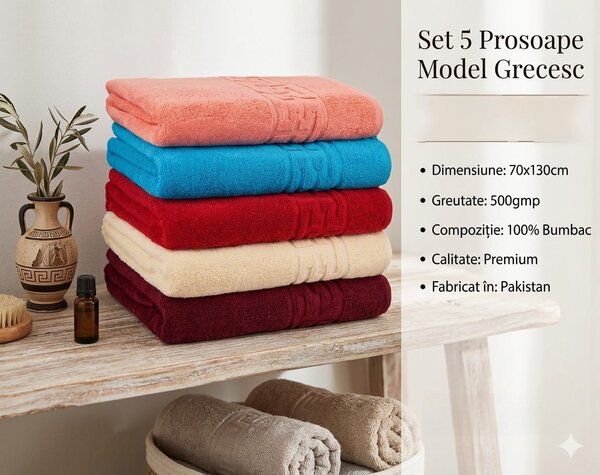 Set 5 Prosoape Baie 70x130 cm – Bumbac 100%, 500 g - Colorate