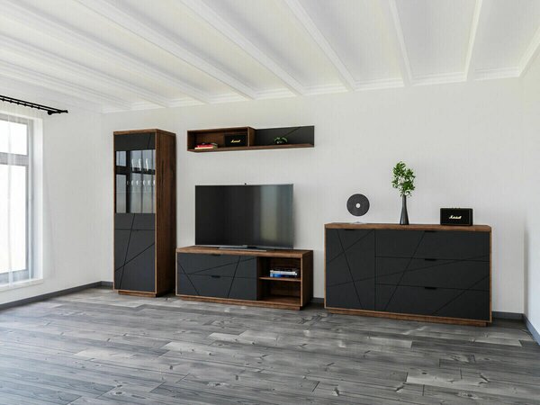 Set de living Fivale 114, Negru mat, Stejar Delano închis, PAL laminat, Sticlă călită