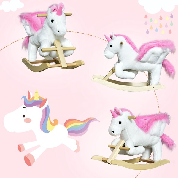 Cal tip Balansoar Unicorn cu Muzica HOMCOM, Structura din Metal si Lemn, Tepiterie din Plus, 65x32x55cm, Alb Roz | Aosom Romania