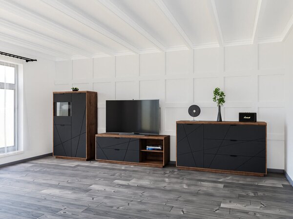Set de living Fivale 110, Negru mat, Stejar Delano închis, PAL laminat, Sticlă călită