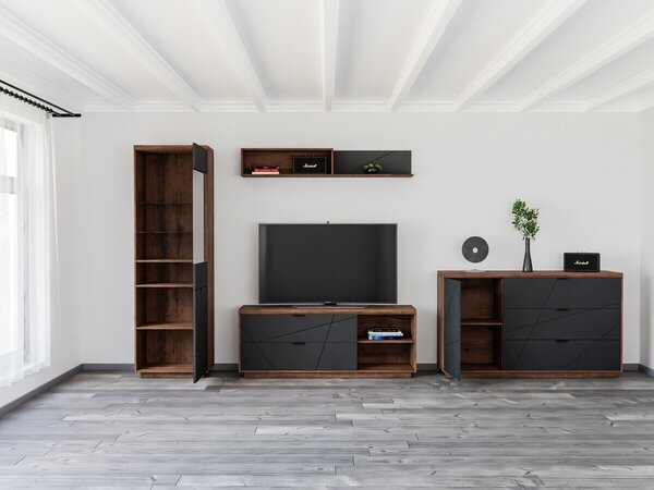 Set de living Fivale 114, Negru mat, Stejar Delano închis, PAL laminat, Sticlă călită
