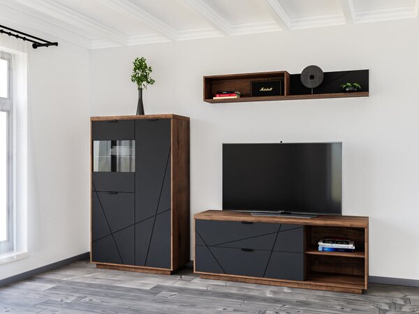 Set de living Fivale 111, Negru mat, Stejar Delano închis, PAL laminat, Sticlă călită
