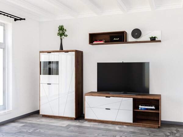 Set de living Fivale 111, Stejar Delano închis, Alb lucios, PAL laminat, Sticlă călită