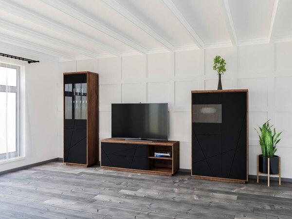 Set de living Fivale 112, Stejar Delano închis, Negru mat, PAL laminat, Sticlă călită