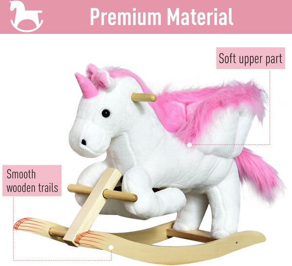 Cal tip Balansoar Unicorn cu Muzica HOMCOM, Structura din Metal si Lemn, Tepiterie din Plus, 65x32x55cm, Alb Roz | Aosom Romania