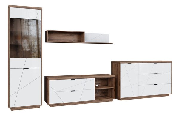 Set de living Fivale 114, Stejar Delano închis, Alb lucios, PAL laminat, Sticlă călită