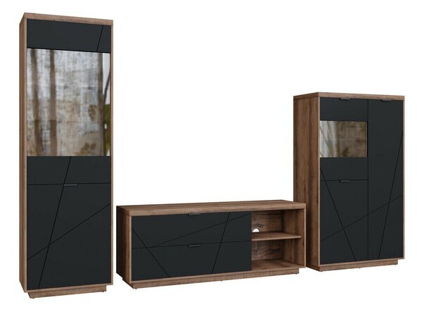 Set de living Fivale 112, Stejar Delano închis, Negru mat, PAL laminat, Sticlă călită